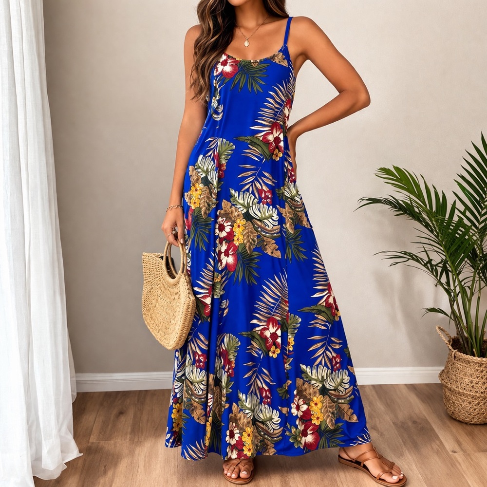 Serendipity Maui 100% Natural Rayon Tropical Maxi Dress Side Slits Luau Size M